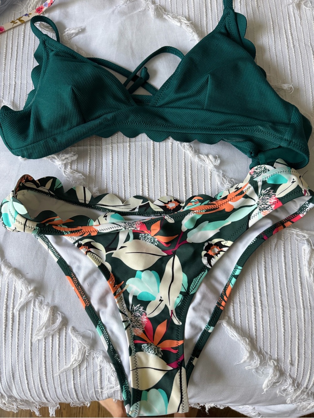 Cupshe Teal Scalloped Triangle Bikini Top with Dark Green Floral Bottoms